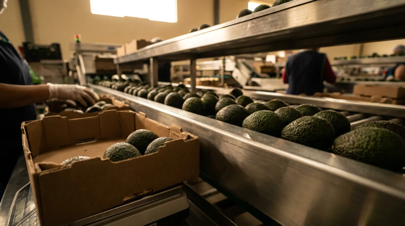 Hass avocados sorted by size on a packhouse grading line