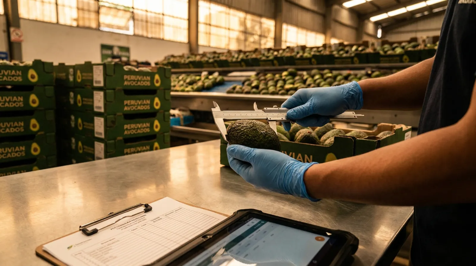 Quality-control inspection of a Hass avocado at a Peruvian packhouse