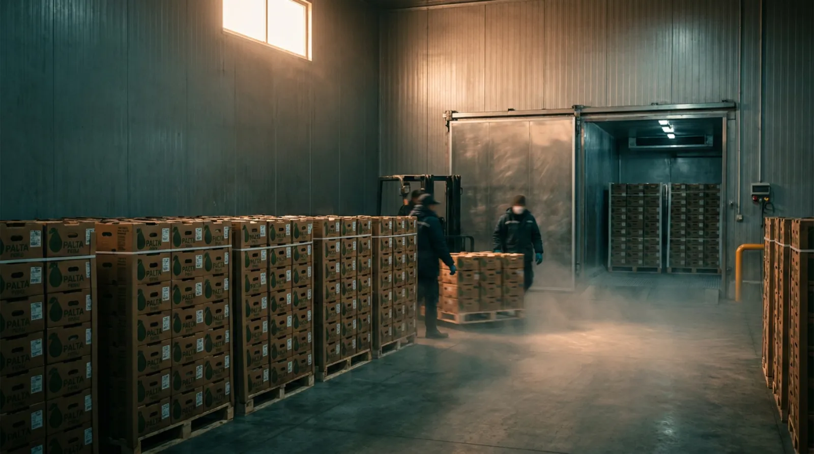 Cold-storage room with pallets of avocado export cartons and a reefer door