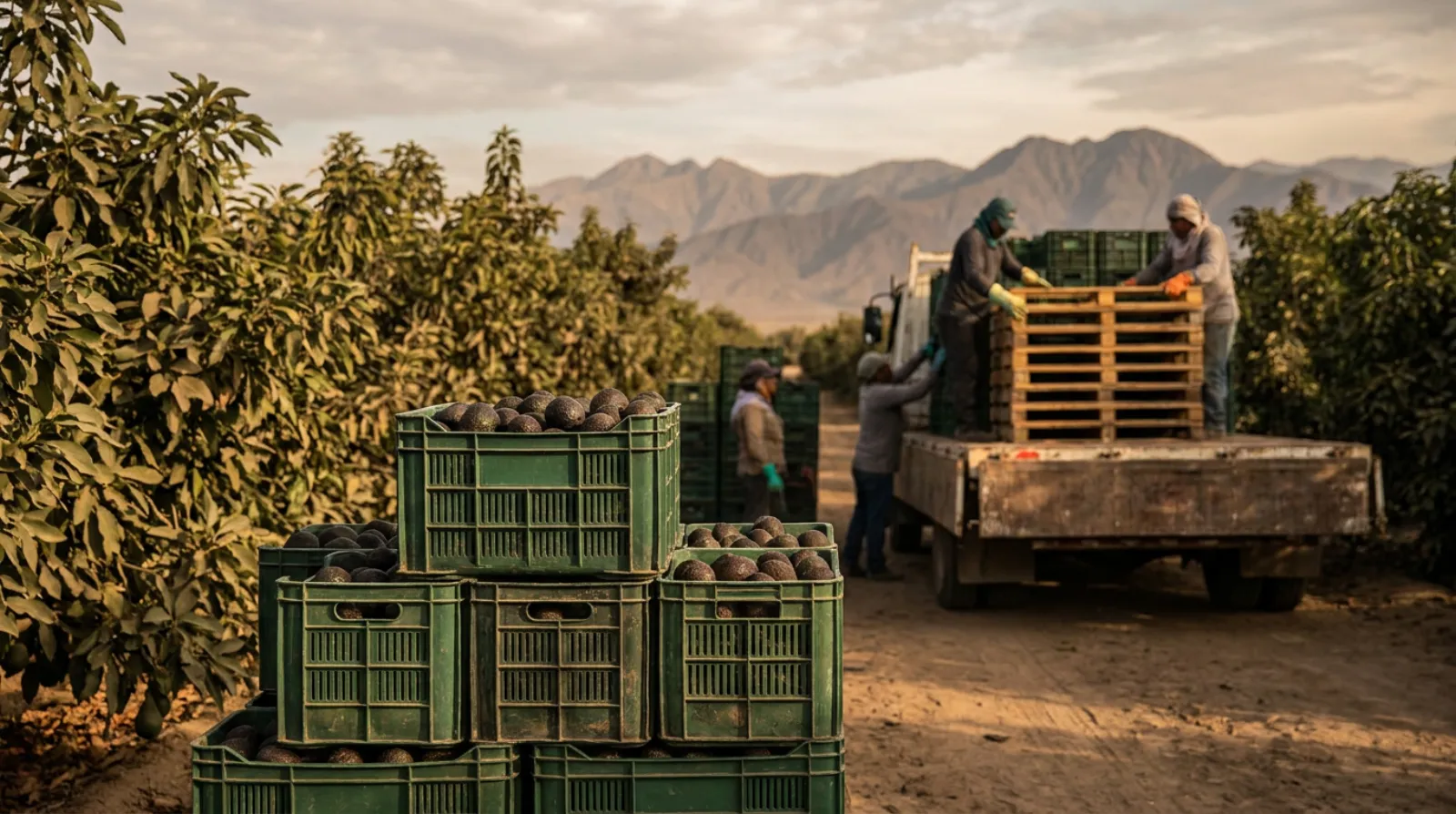 Stacked field crates of Hass avocados ready for export with the Andes behind